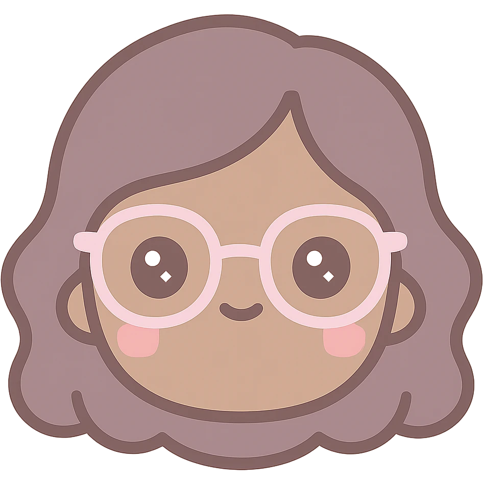emoji de mujer linda de tez morena clara, rostro redondo u ovalado, ojos marrones, cabello ondulado marrón, labios medianos y gafas, estilo kawaii emoji