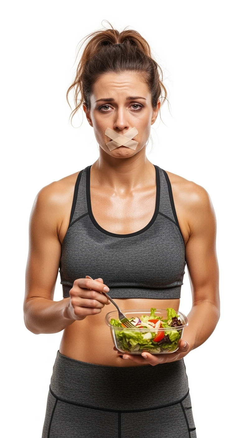 donna fitness con insalata in mano ed espressione molto triste e stanca, scotch a croce sulla bocca, sfondo bianco emoji
