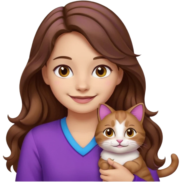 a girl with long wavy brown hair and brown eyes, wearing purple clothes, smiling with a three-color cat beside her, emoji style emoji