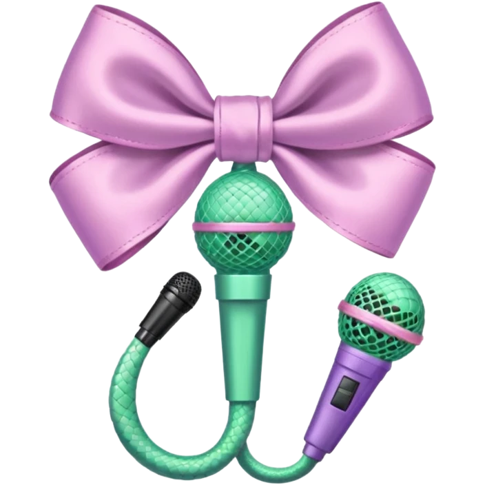 A pastel pink bow with a pastel green snake on the top of one side and a pastel purple microphone on the bottom of the other side emoji
