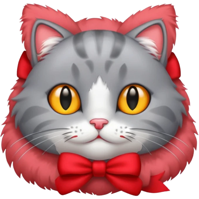 Fluffy grey kitty with a red bow emoji