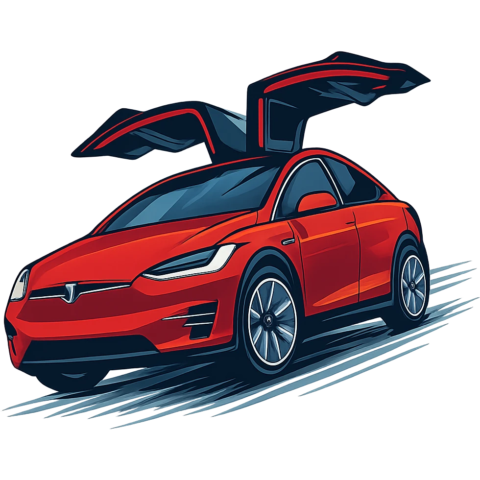 red Tesla Model X with falcon doors open, moving left to right, angled upward, modern illustration emoji