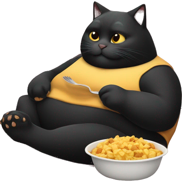 fat black cat sitting on a couch eating food emoji