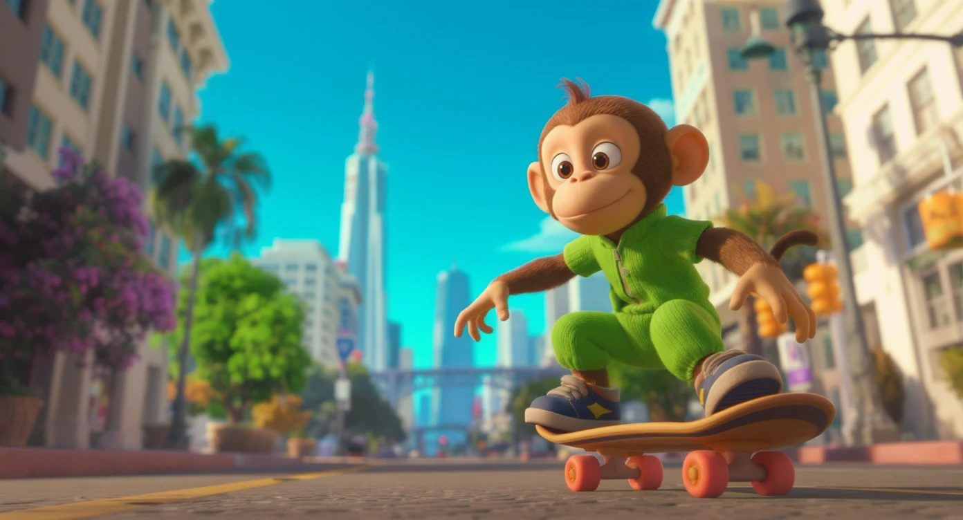 Disney style Cinematic still scane, Low angle shot, monkey dress in green outfit, monkey ride on skateboard, san francisno downtown with city lanscape, blue clean sky, captured by ARRI Alexa XT, soft cinematic lightning, back light, inspired by ToyStory 4, rule of thirds emoji