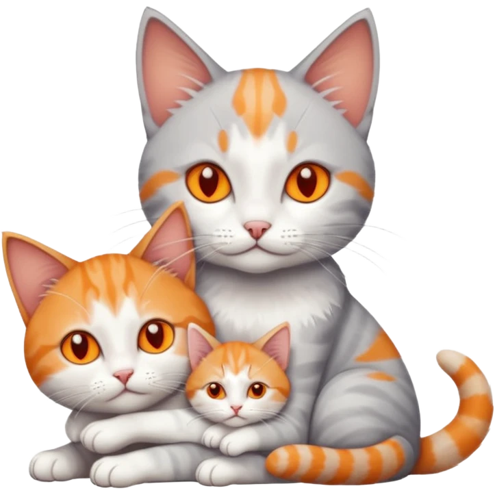 full body of a grey and white cat cuddling a very small + skinny ginger and white kitten with deep orange eyes and triangular shaped face lying down emoji