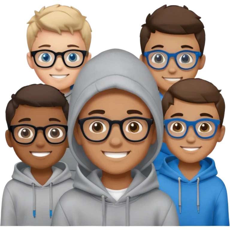 boys in grey hoodies smiling middle has black thick frame glasses and blue eyes emoji