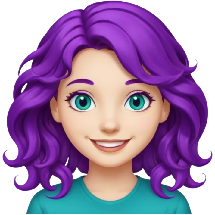 A girl with vibrant purple wavy hair, smiling face, teal eyes emoji