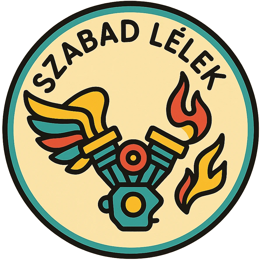 circular motorcycle cap design with the Hungarian phrase 'Szabad Lélek', featuring motorcycle motifs like wing, motor, flame, spiritual style emoji