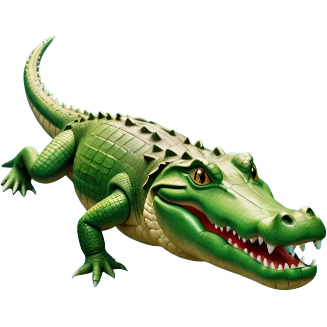 cinematic-crocodile-realistic-full-body-on all fours-emoji,-massive-scaled-body-partially-submerged-in-shallow-water,-head-tilted-dramatically,-rough-green-and-brown-hide-textured-with-deep-ridges,-simplified-yet-realistic-focused-features, head held high emoji