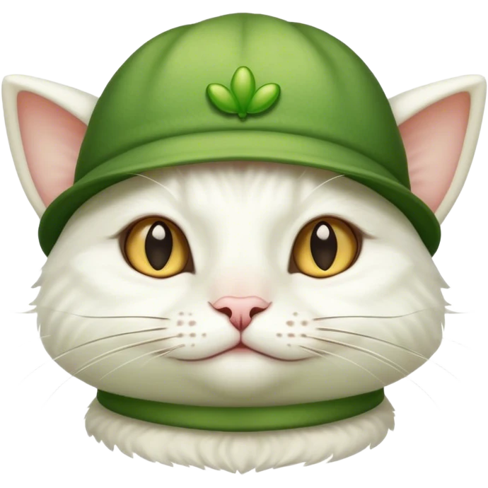 white cat wearing a frog hat emoji
