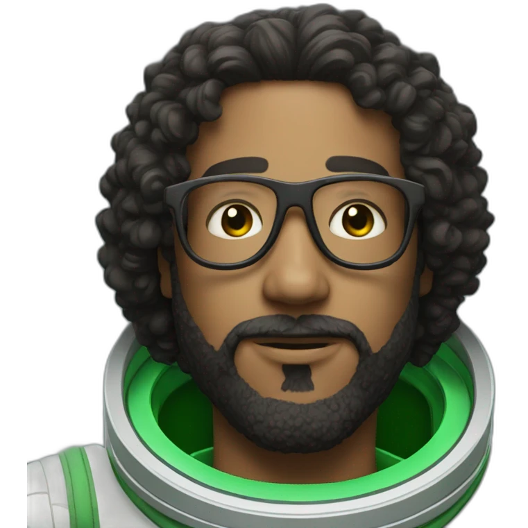 Man with black short curly hear and beard and glasses wearing a green and white astronaut suit emoji