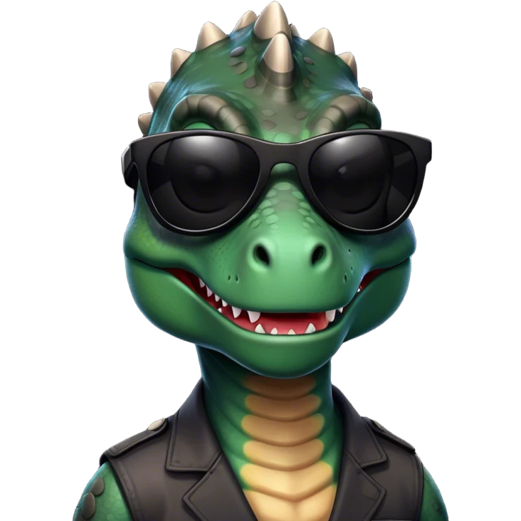 face of a dinosaur with total black sunglasses on emoji