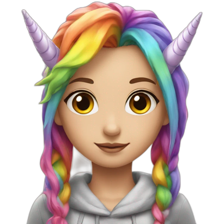 Girl with unicorn horn, and rainbow gair emoji