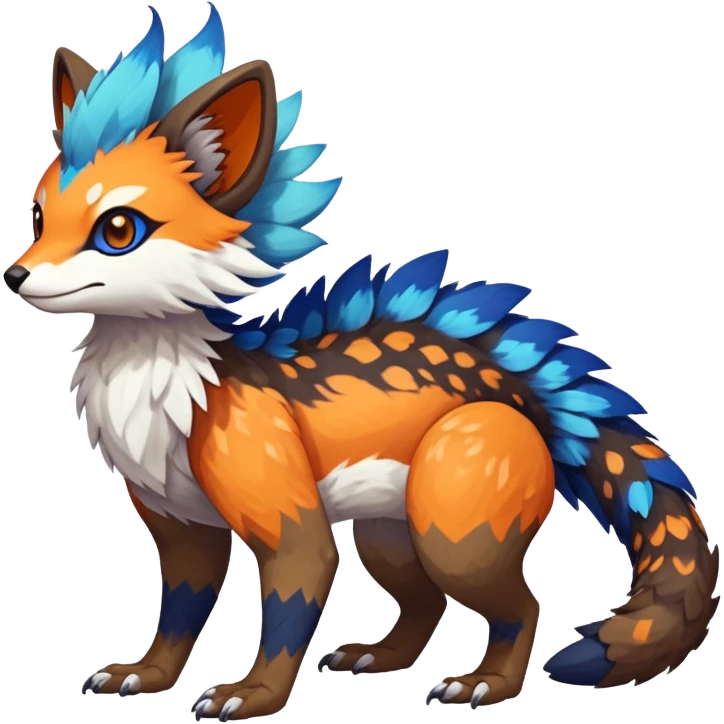 Rare realistic exotic brown beige white neon-orange dark-blues cute epic pretty beautiful handsome gorgeous aesthetic colorful vibrant Vernid-Trico-species-Fakemon-creature by LiLaiRa, 4 legs, 1 tail, random markings, (full body) emoji