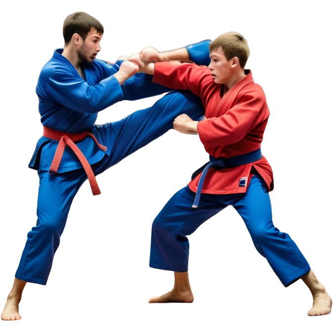 Two SAMBO fighters in blue and red uniforms engage in dynamic grappling and throwing techniques. One executes a powerful throw while the other tries to counter. The scene is set in a sports arena with a competition mat, capturing the intensity and motion of the martial art. Transparent background. emoji