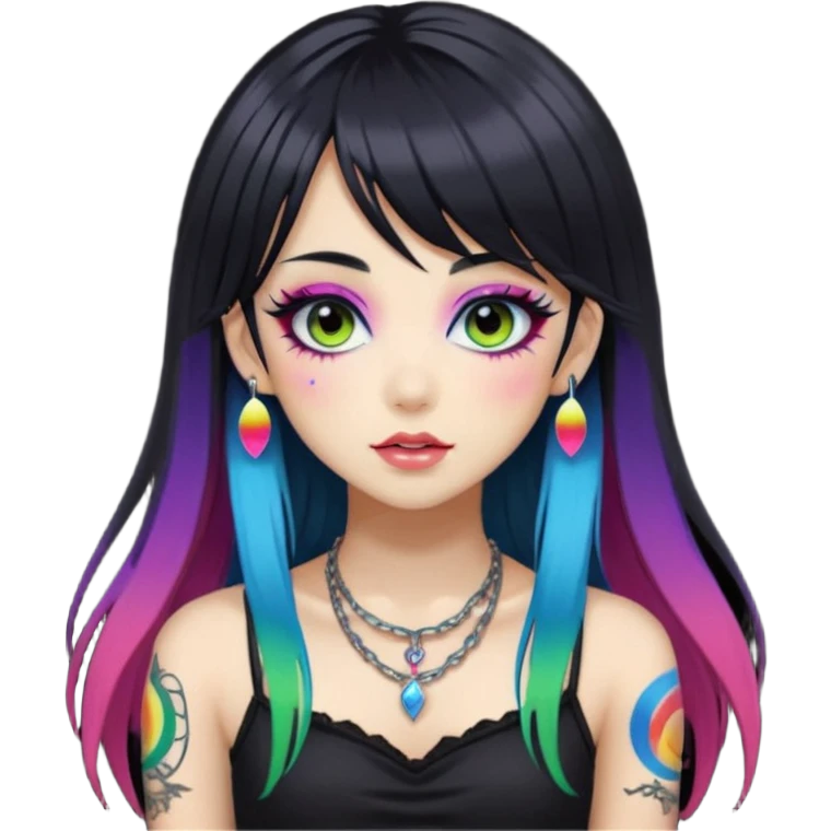 hime gyaru girl, long black hair with rainbow fringe, tattoos, dark makeup, goth grunge clothes emoji