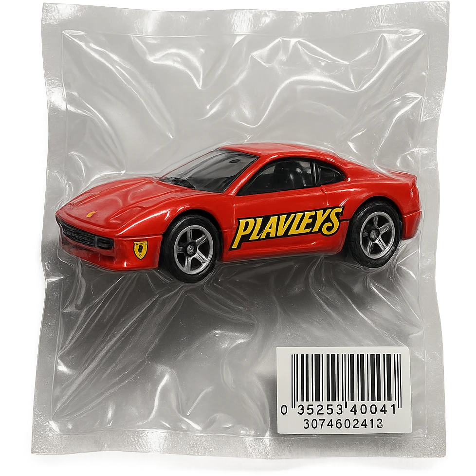red Ferrari in Hot Wheels packaging, 'PLAVLEYS' in stylized racing script on the door, glossy vacuum-sealed style emoji