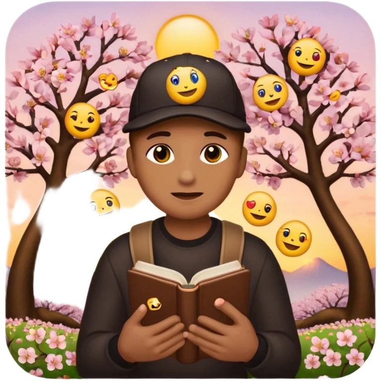 An emoji that loves emojis, holding an iphone with all of their thousands of emojis. They are sat between the setting sun and a cherry blossom tree reading a book on emojis. They have seven heads like a hydra and each head has a different baseball cap on, each with a different emoji on it.  emoji