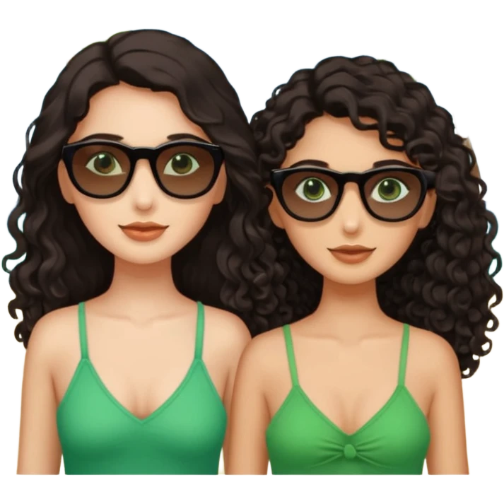 Two besties on the beach, black sunglasses, 1: long ironed straight darkbrown hair, green eyes, 2: long curly darkbrown hair, brown eyes  emoji