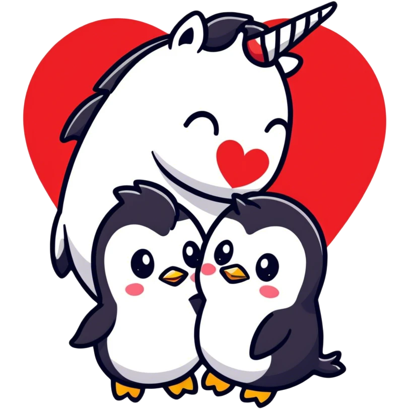 Unicorn and penguin in heart emoji