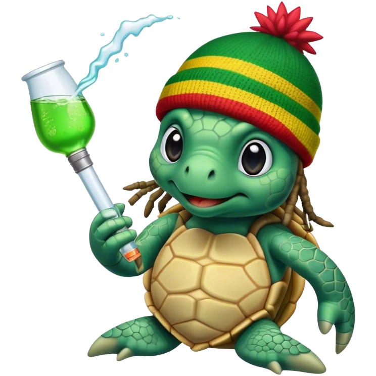 Sea turtle taking a bong rip, wearing a rasta beanie with dreads. emoji