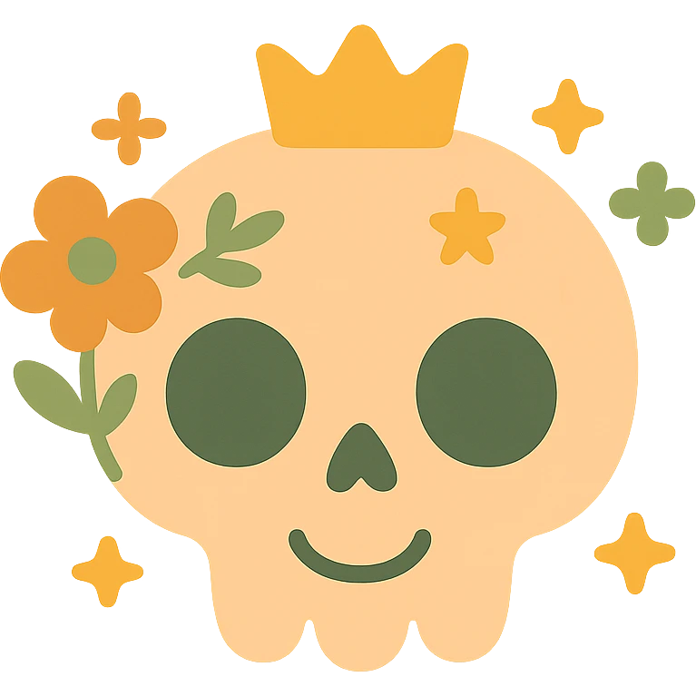 A cute, stylized skull with a friendly and whimsical vibe, designed in a soft and magical color palette: golden orange (FA9B41), forest green (4A7C5C), muted taupe brown (96775A), and pastel peach (FFCC9A). The skull has rounded, non-threatening features with expressive, oversized eye sockets and a gentle smile. It’s adorned with delicate floral patterns or tiny stars in the given colors, and perhaps a small crown or ribbon in peachy hues. The background is soft and glowing, creating a cozy, enchanting atmosphere. The overall mood is cute, calm, and a little bit magical. emoji