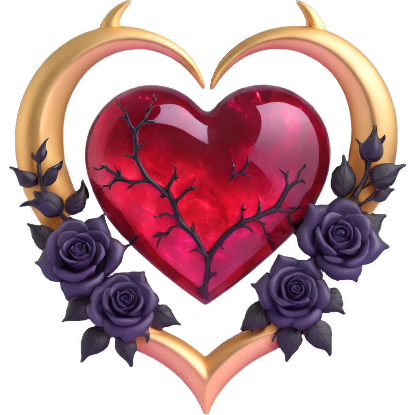 gothic heart made of blood red glass, gold crescent moon, black roses, iridescent stardust, neon pink lightning, wet and cracked glass emoji