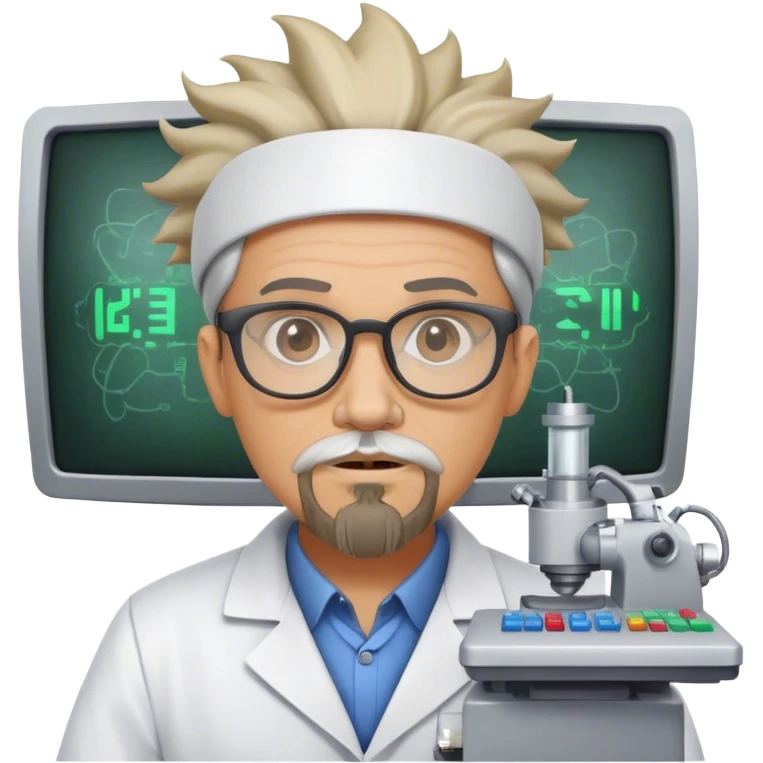 Mad scientist with a goatee and glasses named Omni with headgear on and a computer emoji