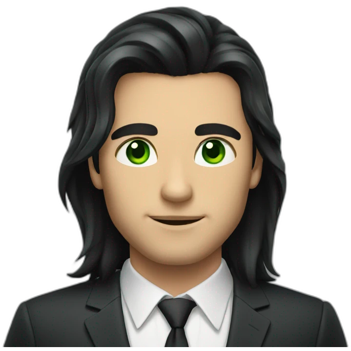 a man with long dark hair in a suit, green eyes emoji