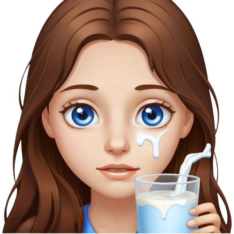 Blue eyed long brown hair girl with milk dripping off face emoji