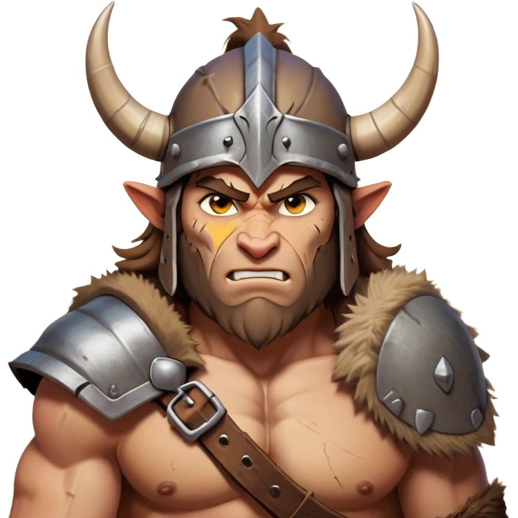Clash of Clans aesthetic friendly Barbarian Portrait Emoji, Poised and bold with a rugged yet cartoonish build in tattered furs and a horned helmet, his face rendered in a natural skin tone (not yellow), expressive bright eyes and a confident smirk, Simplified yet dynamic features, highly detailed, glowing with a vivid, adventurous aura, high shine, heroic and spirited, stylized with an air of medieval warrior charm, focused and energetic, soft glowing outline, capturing the essence of a fearless barbarian adventurer ready to lead his clan with spirited valor! emoji