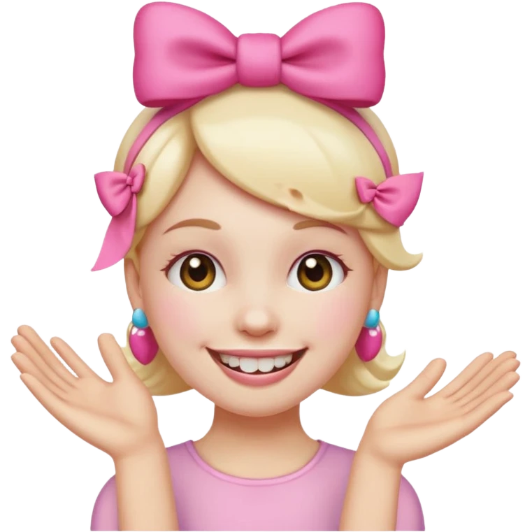 smiling emoji with a pink bow on head and hand placed on the teeth emoji