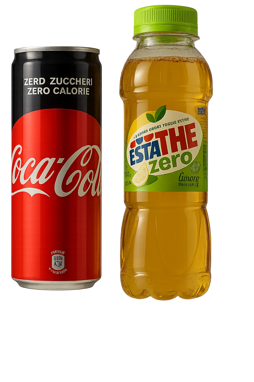 lattina di coca cola zero fluttua accanto a bottiglia di esta-thè zero, iperrealistiche 4k emoji