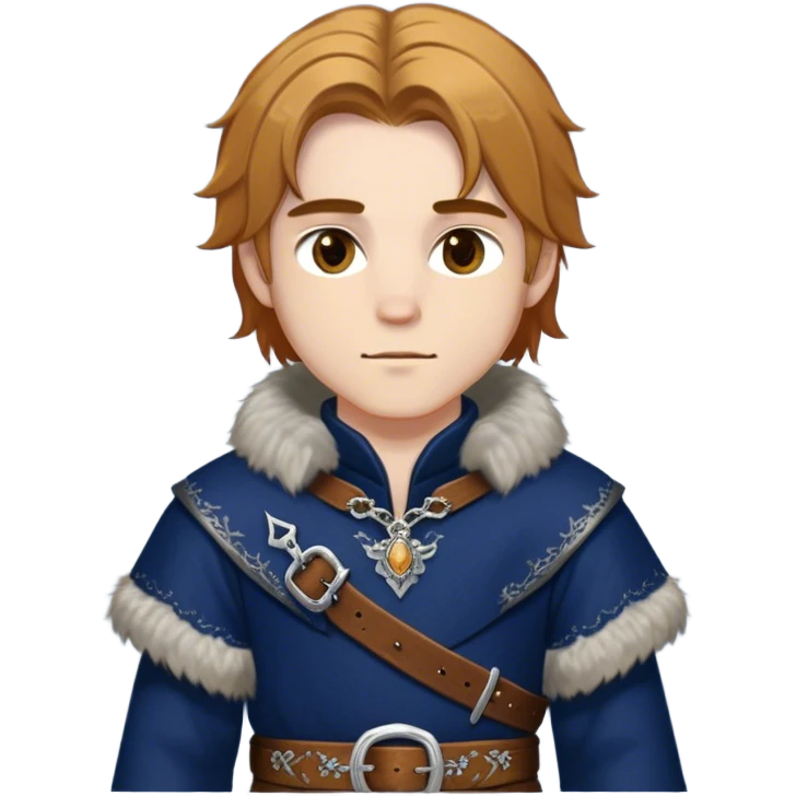 Medieval winter outfit worn by a DnD themed fantasy male character. Midnight blue felted wool tunic with silver fox fur collar, embellished with ornate metal clasps and a thick leather belt with decorative stitching. Clothes only above the waist, full waist coverage. The character has no arms. Character is white-skinned with honey brown hair, amber eyes, and shoulder-length straight hair with winter-weathered ends. emoji