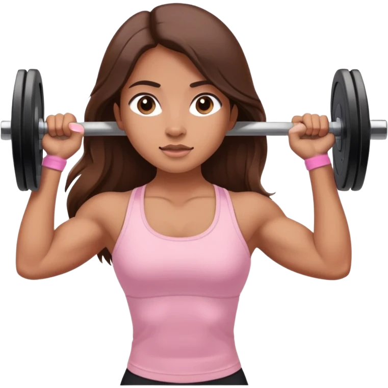 a north-east indian girl with long brown hair wearing a soft pink gym top lifting a barbell doing a shoulder press emoji