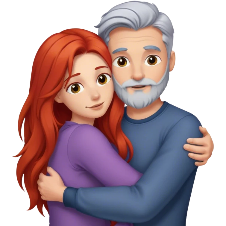 Long red hair woman and young gray hair man with beard hugging emoji