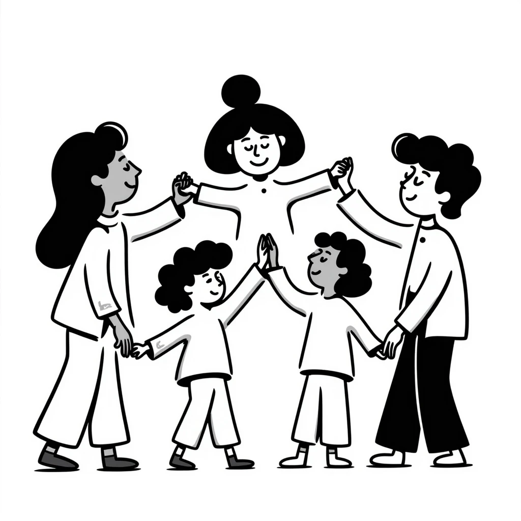 team building, group of people joining hands in a circle, playful and energetic, hand drawn doodle style emoji