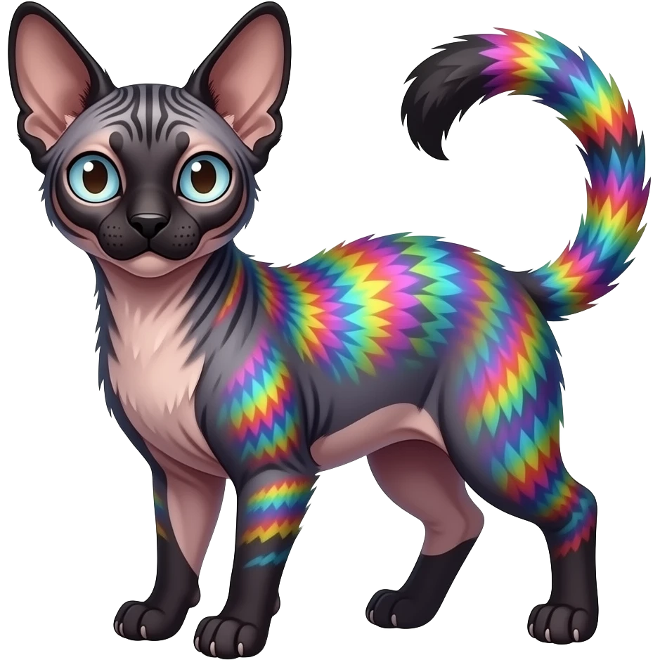 A Colorful iridescent exotic tropical tribal cute happy realistic esoteric patterned fluffy furry dark caracal-Lykoi-bobcat-sphynx-genet-civet-Fakémon-fursona-hybrid-fusion-animal-creature, full body, 4-legged emoji