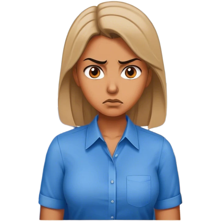 Woman in a blue shirt in an office looking mad emoji