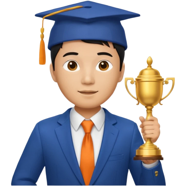An asian man wearing student hat, blue suit and orange tie, holding a trophey emoji