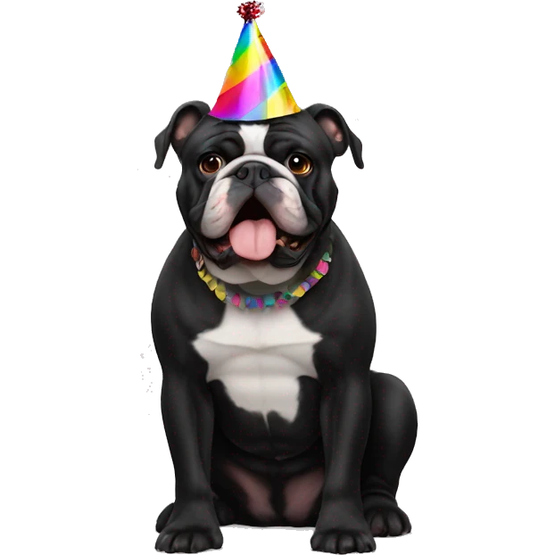 All Black bulldog with a party hat emoji