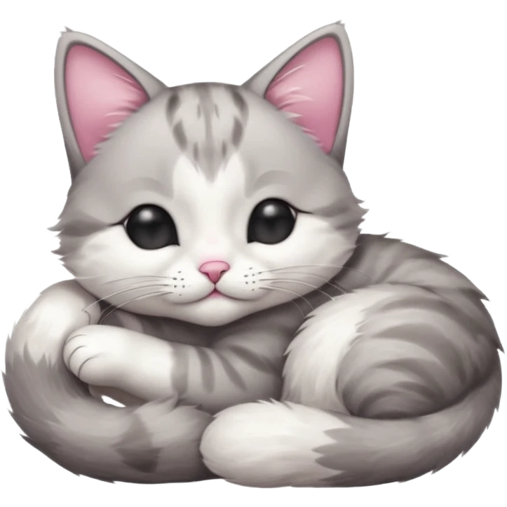 1 grey and white small cat with its eyes closed lying down leaning on its elbow with its paw curled under his head holding it up emoji