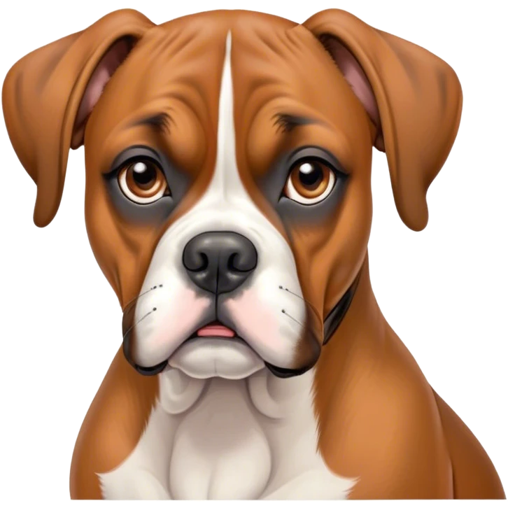 Cinematic Grumpy Fawn Boxer Dog Portrait Emoji, Head tilted slightly with a deeply unimpressed expression, showcasing a robust fawn coat with a prominent white muzzle and chest, large, droopy brown eyes narrowed into an unamused glare, ears slightly drooping in exasperation, Simplified yet comically expressive features, highly detailed, glowing with a dry, sarcastic glow, high shine, effortlessly judgmental yet dignified, stylized with a touch of cynicism, bright but brooding, soft glowing outline, capturing the essence of an eternally unimpressed yet endearing guardian, so lifelike it feels like it could sigh heavily at you in disdain at any moment! emoji