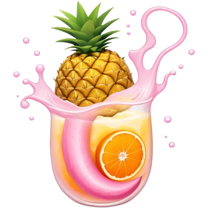 Golden pineapple, orange mango slices, pink papaya pieces, and a swirling white kefir drink floating around a glowing stomach. Light streams flow through the digestive system, showing enzymatic action dissolving blockages. emoji
