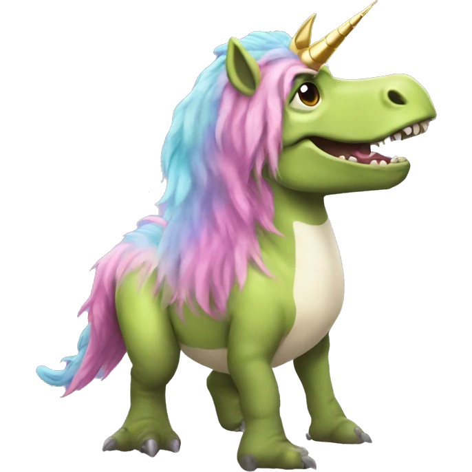Trex dressed up as a unicorn emoji