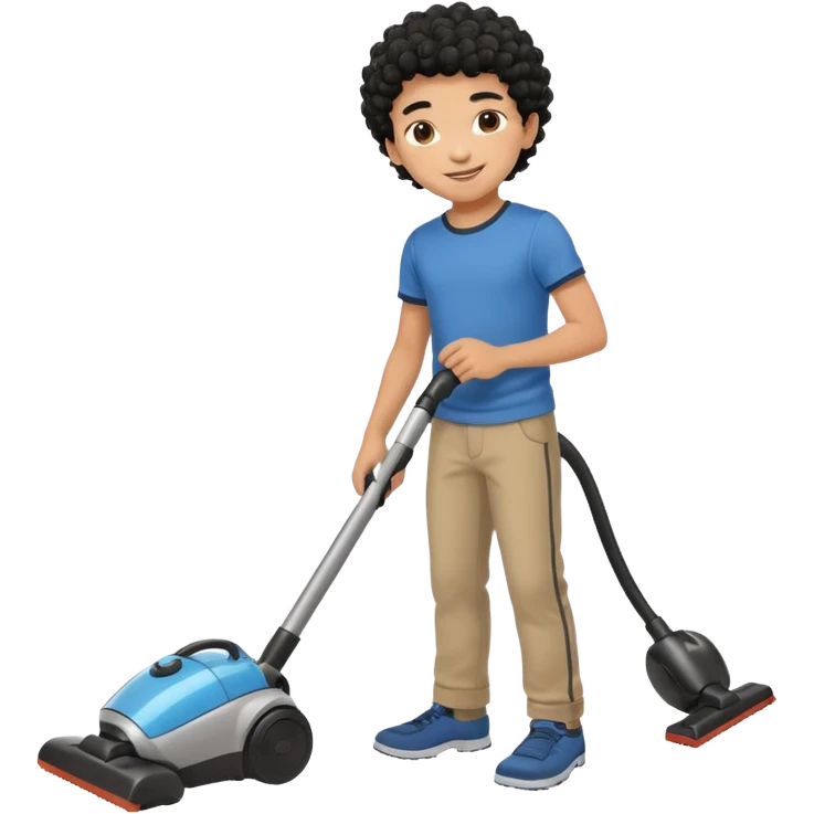 Emoji to encourage kids to do chores - should contain something about house chores, ok replace the broom with a vaccum make it atheltic boy 8 years old - egyptian with curly hair but not too curly -  emoji