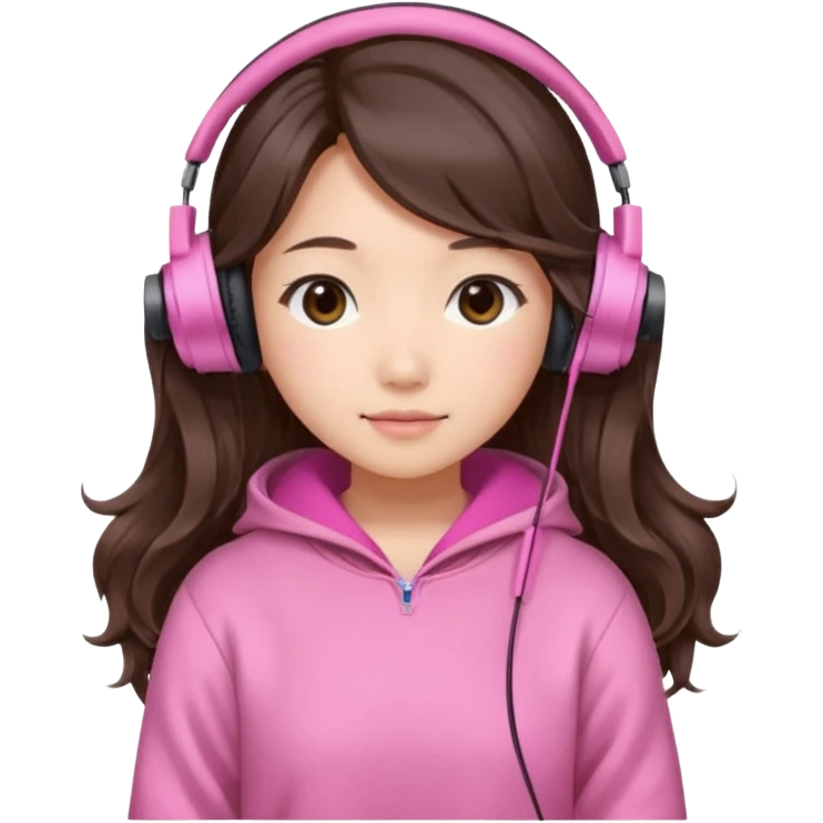 a asian japanese girl with wavy long silky brown hair and no bangs. the right side of hair is set on her shoulder she has a cute pink gaming headphones. she is wearing a cute pink sweater  emoji