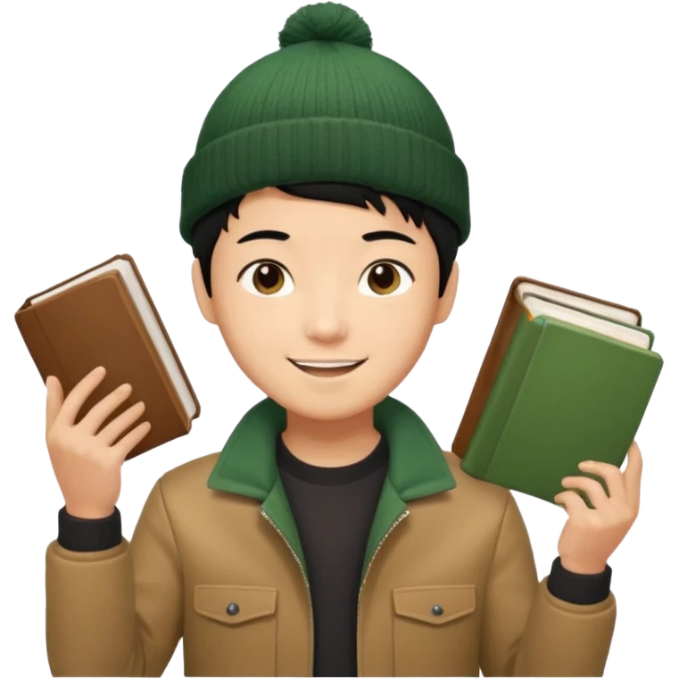 asian, tan skin, non binary asian man with pixie cut black hair, wearing brown jacket and dark green beanie, smiling , holding up books  emoji