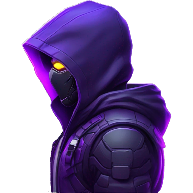 Side view developer behind his laptop with this style : crysis Cyberpunk Valorant neon glowing bright purple character purple violet black hooded assassin themed character emoji