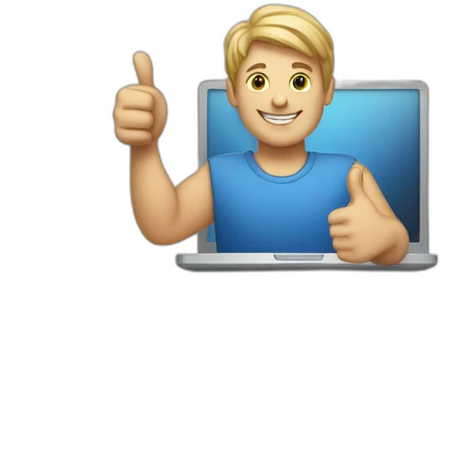 white man holding laptop thumbs up emoji